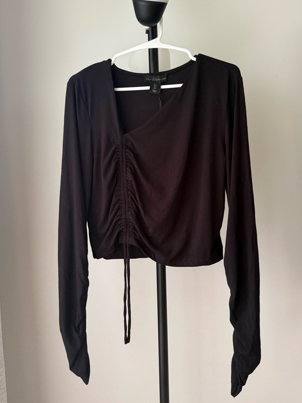 House of Harlow 1960 Black Ruched Drawstring Long Sleeve Top L